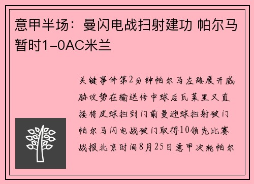 意甲半场：曼闪电战扫射建功 帕尔马暂时1-0AC米兰